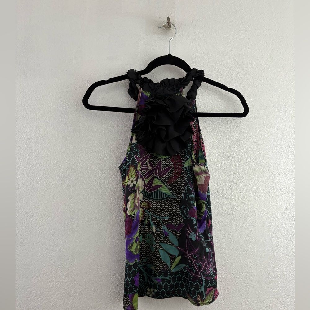 Jaloux halter big ruffle flower on neck line sleeveless printed silk blouse XS